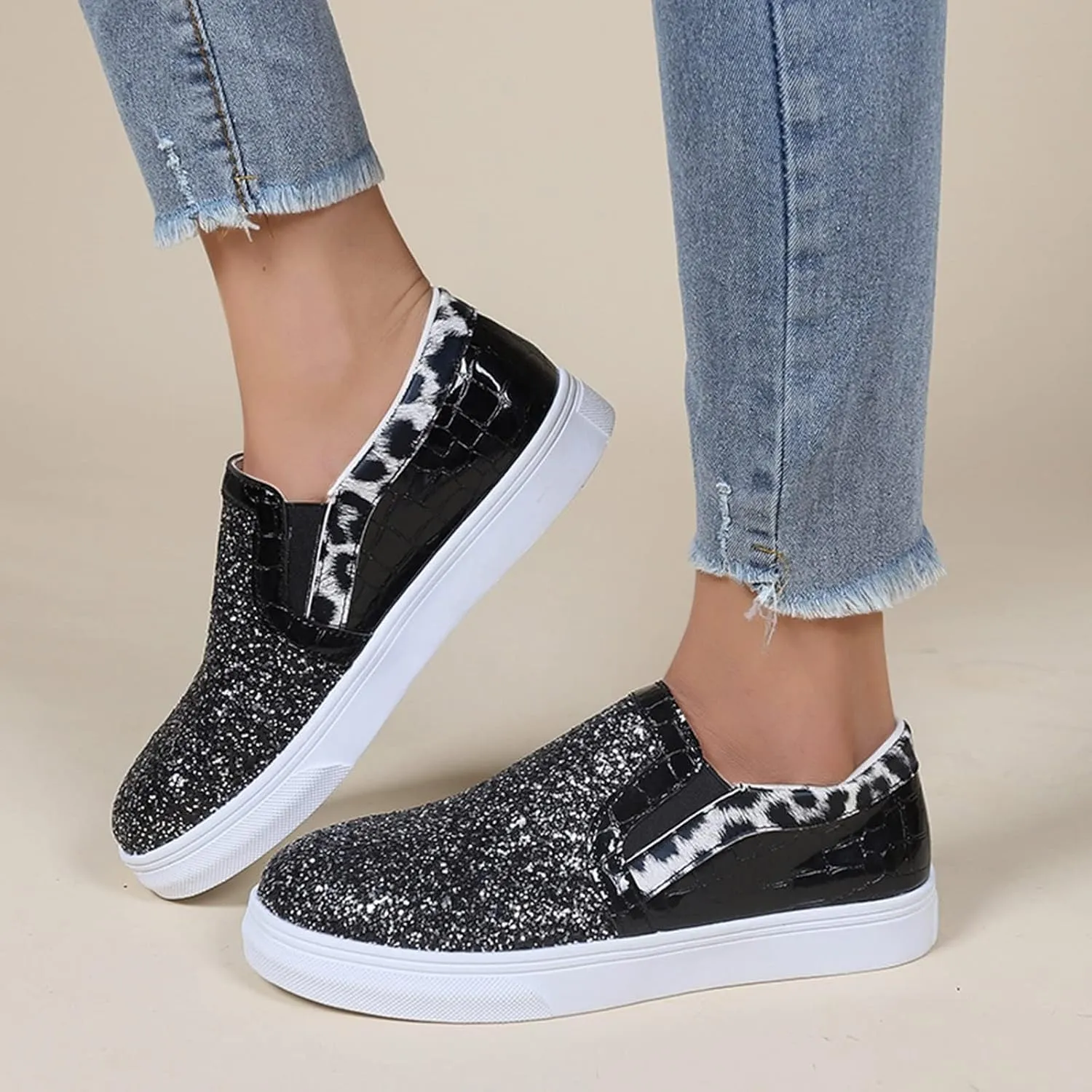 HINDOLA Women's Rhinestone Sneaker Glitter Fashion Platform Slip On Sparkle Bling Flat Loafers Casual Non-Slip Walking Dress Shiny Sequin Shoes Black