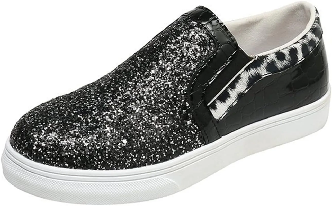 HINDOLA Women's Rhinestone Sneaker Glitter Fashion Platform Slip On Sparkle Bling Flat Loafers Casual Non-Slip Walking Dress Shiny Sequin Shoes Black