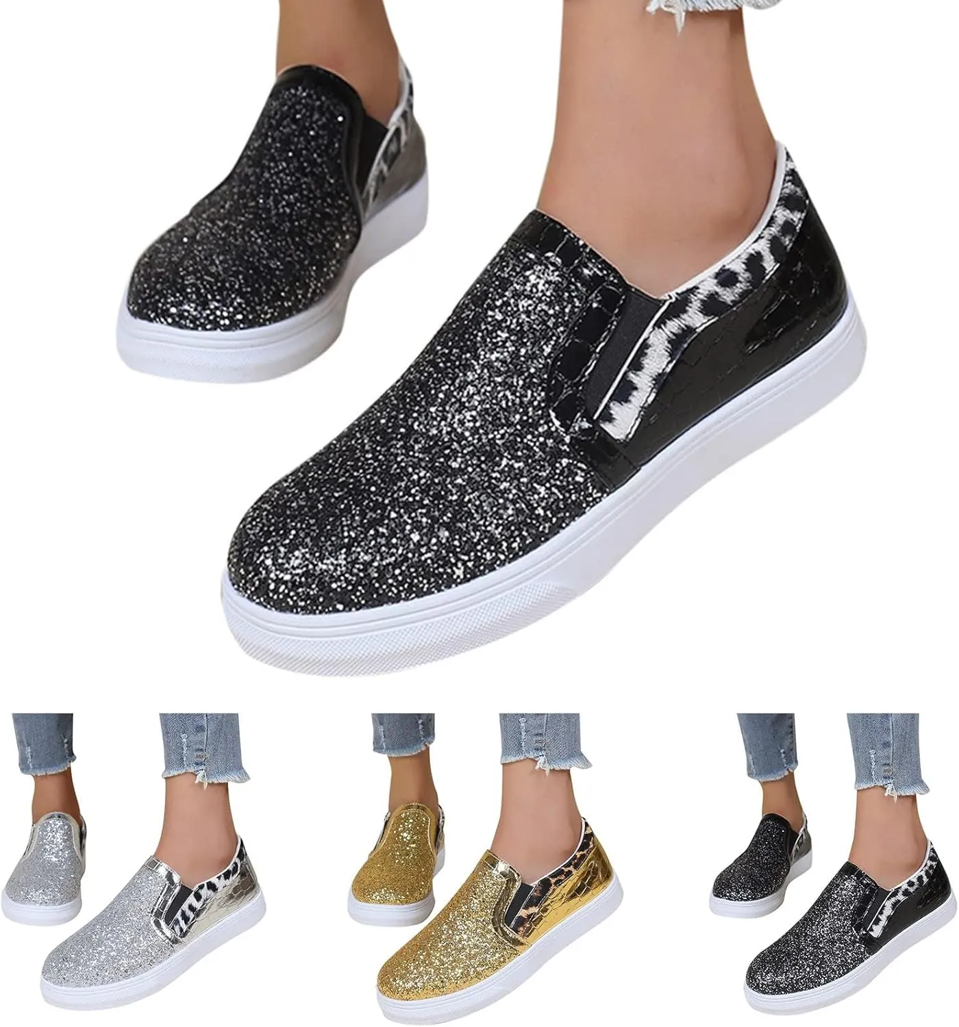 HINDOLA Women's Rhinestone Sneaker Glitter Fashion Platform Slip On Sparkle Bling Flat Loafers Casual Non-Slip Walking Dress Shiny Sequin Shoes Black