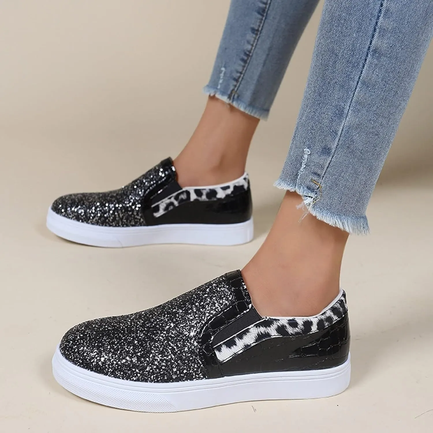 HINDOLA Women's Rhinestone Sneaker Glitter Fashion Platform Slip On Sparkle Bling Flat Loafers Casual Non-Slip Walking Dress Shiny Sequin Shoes Black