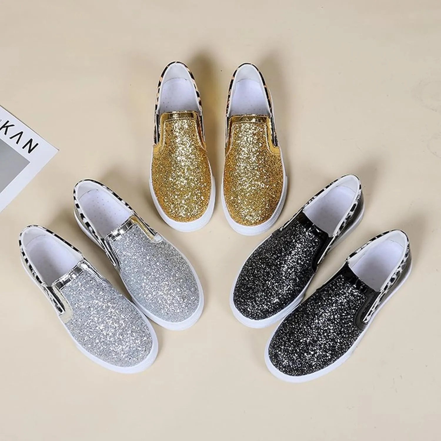 HINDOLA Women's Rhinestone Sneaker Glitter Fashion Platform Slip On Sparkle Bling Flat Loafers Casual Non-Slip Walking Dress Shiny Sequin Shoes Golden