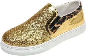 HINDOLA Women's Rhinestone Sneaker Glitter Fashion Platform Slip On Sparkle Bling Flat Loafers Casual Non-Slip Walking Dress Shiny Sequin Shoes Golden