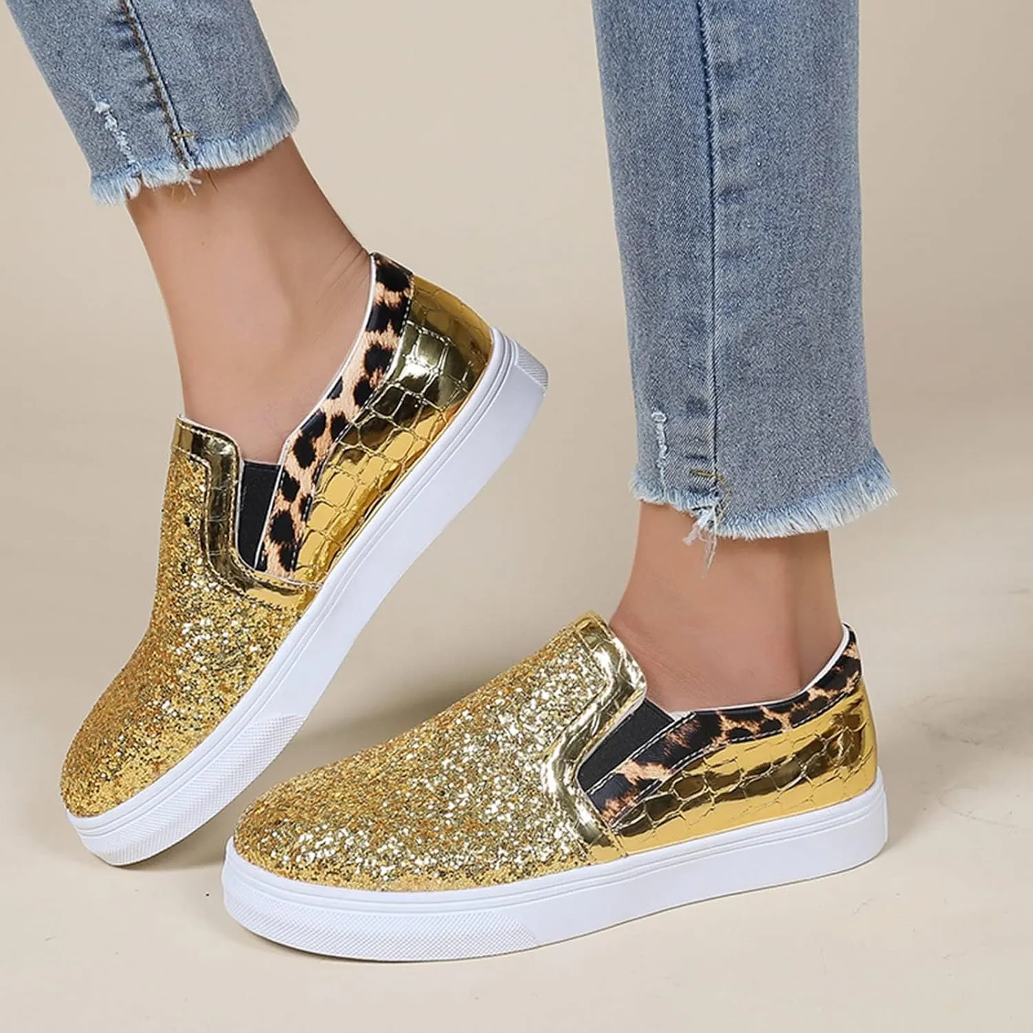 HINDOLA Women's Rhinestone Sneaker Glitter Fashion Platform Slip On Sparkle Bling Flat Loafers Casual Non-Slip Walking Dress Shiny Sequin Shoes Golden