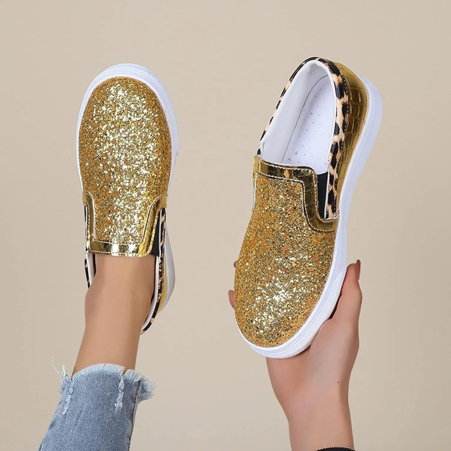 HINDOLA Women's Rhinestone Sneaker Glitter Fashion Platform Slip On Sparkle Bling Flat Loafers Casual Non-Slip Walking Dress Shiny Sequin Shoes Golden
