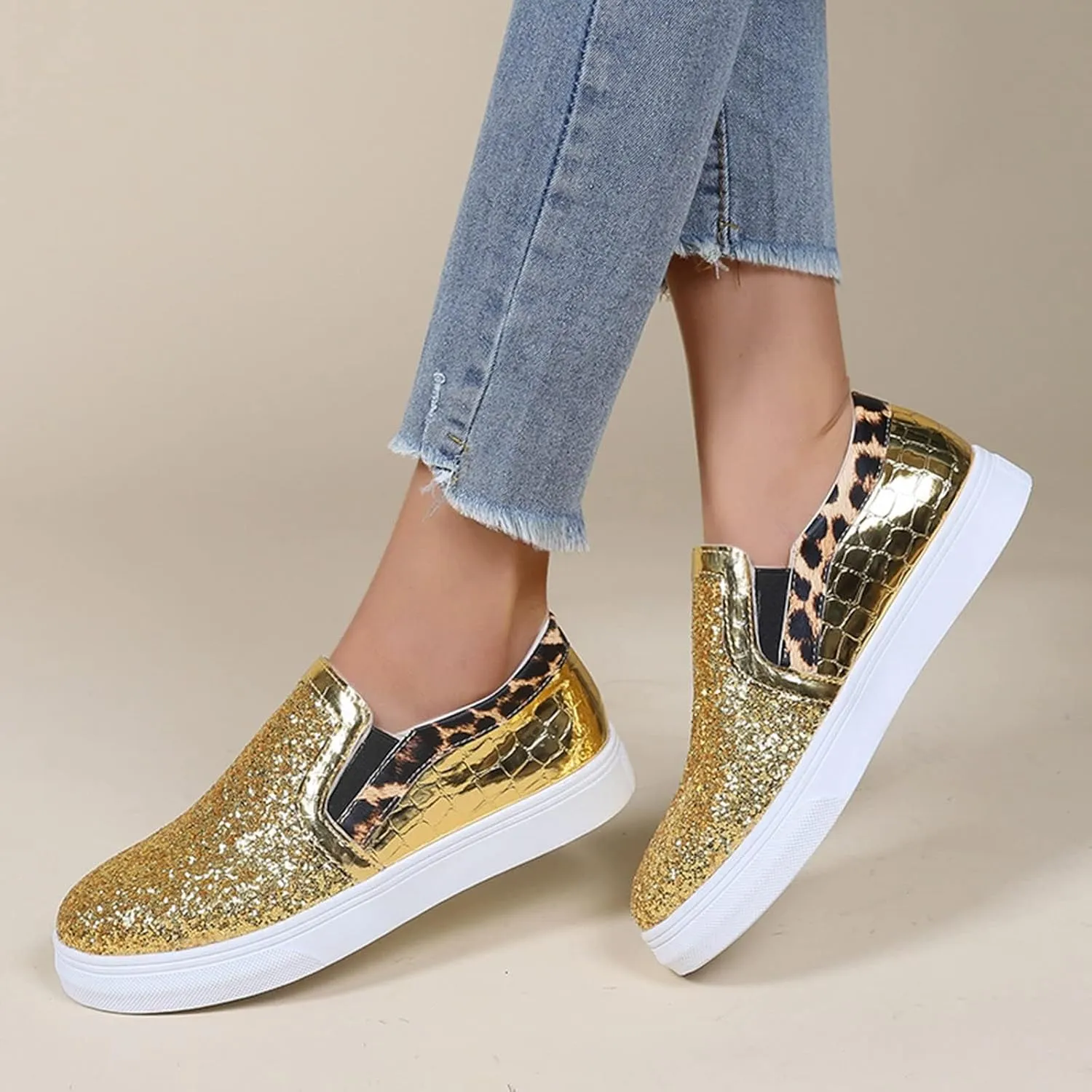HINDOLA Women's Rhinestone Sneaker Glitter Fashion Platform Slip On Sparkle Bling Flat Loafers Casual Non-Slip Walking Dress Shiny Sequin Shoes Golden