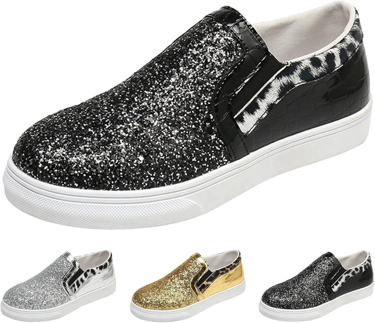 HINDOLA Women's Rhinestone Sneaker Glitter Fashion Platform Slip On Sparkle Bling Flat Loafers Casual Non-Slip Walking Dress Shiny Sequin Shoes Golden