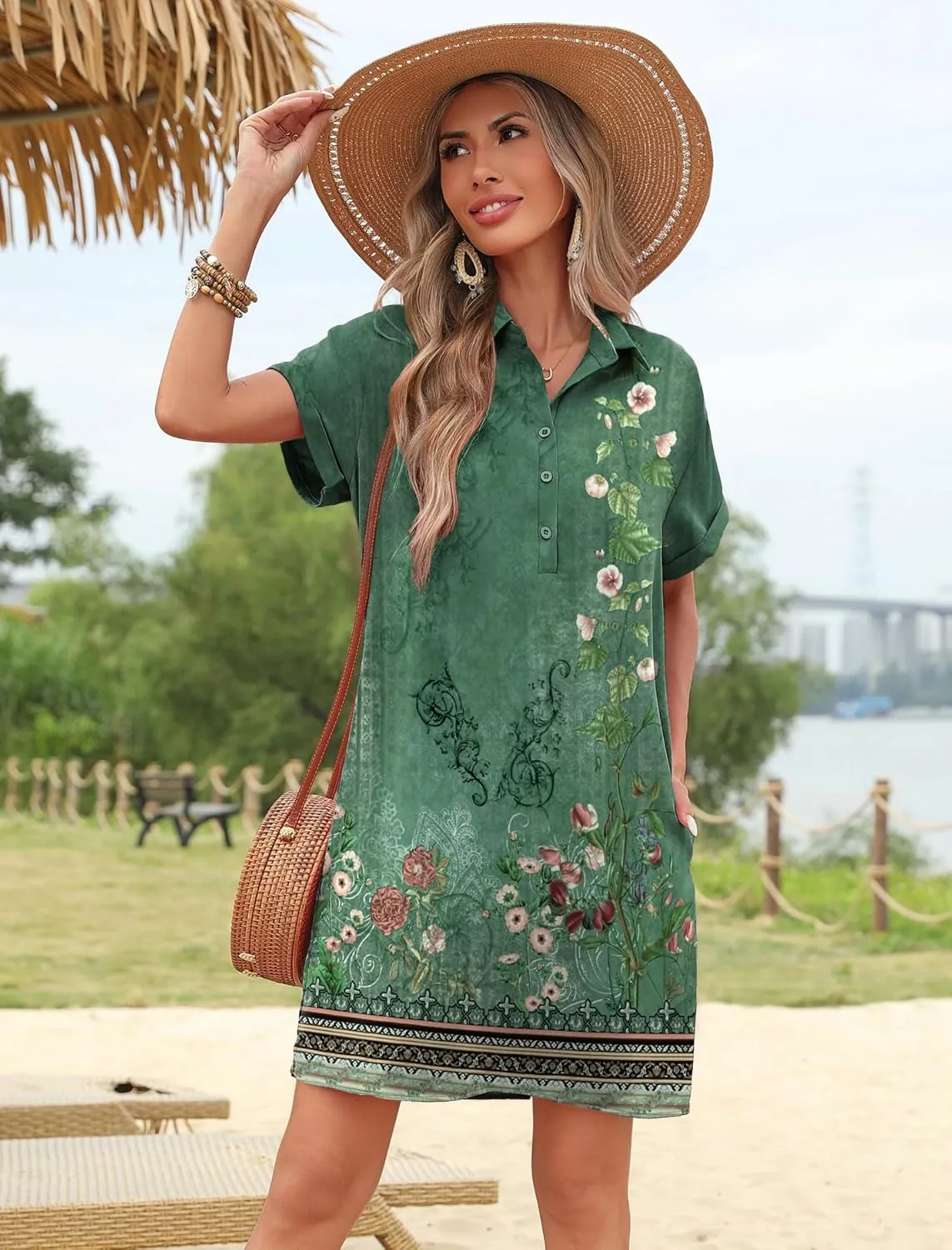 HOTOUCH Womens Summer Shirt Dress Short Sleeve Floral Shift Dresses Casual Loose Flowy Beach Sundress with Pockets