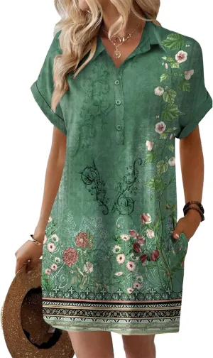 HOTOUCH Womens Summer Shirt Dress Short Sleeve Floral Shift Dresses Casual Loose Flowy Beach Sundress with Pockets