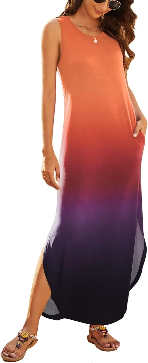 Hount Women's Casual Summer Sleeveless Dress Loose Split Maxi Dresses with Pockets