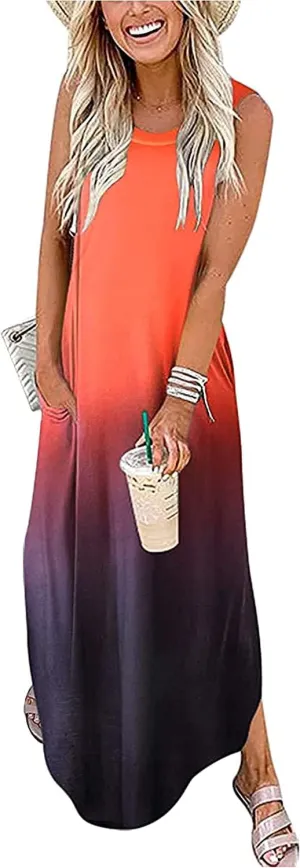 Hount Women's Casual Summer Sleeveless Dress Loose Split Maxi Dresses with Pockets