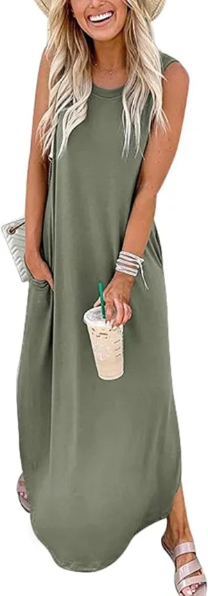 Hount Women's Casual Summer Sleeveless Dress Loose Split Maxi Dresses with Pockets