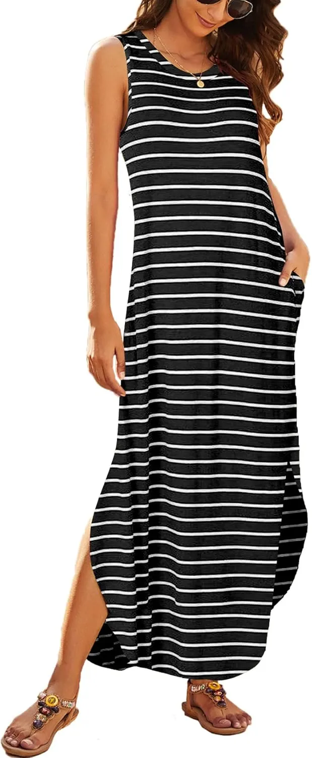 Hount Women's Casual Summer Sleeveless Dress Loose Split Maxi Dresses with Pockets