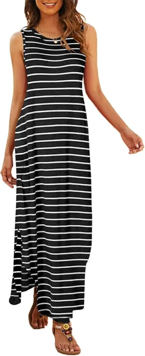 Hount Women's Casual Summer Sleeveless Dress Loose Split Maxi Dresses with Pockets