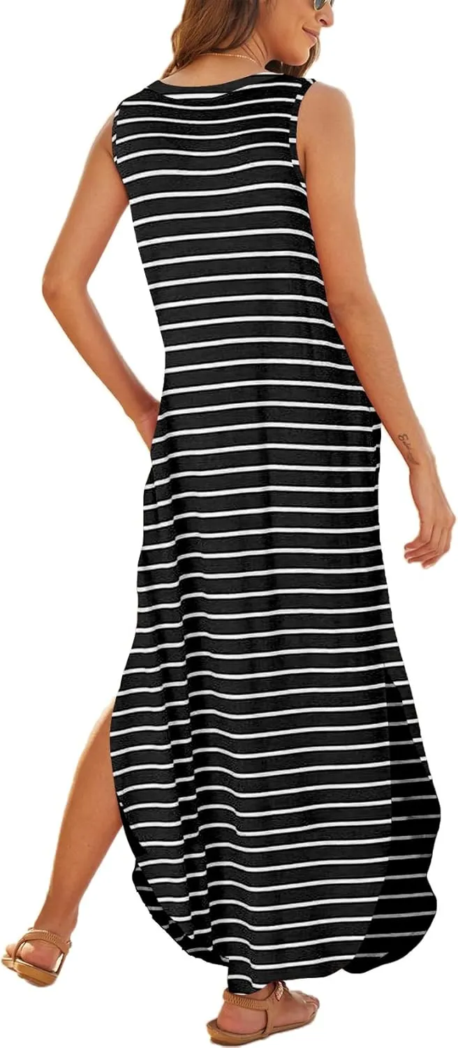 Hount Women's Casual Summer Sleeveless Dress Loose Split Maxi Dresses with Pockets