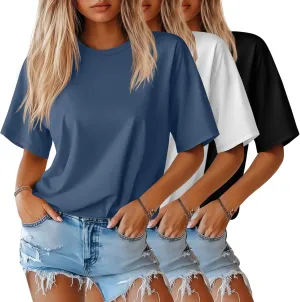 Huukeay 3 Pack Women's Half Sleeve T-Shirts, Crew Neck Elbow Length Tops Loose Casual Basic Tees Summer Cotton Tunic Tops