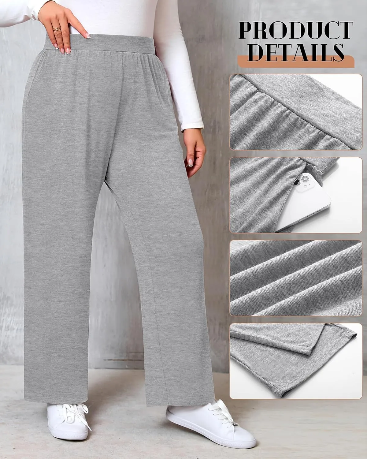 Huukeay 3 Pack Women's Plus Size Pants, High Waisted Wide Leg Pants Casual Pajamas Pants Loose Yoga Sweatpants with Pockets