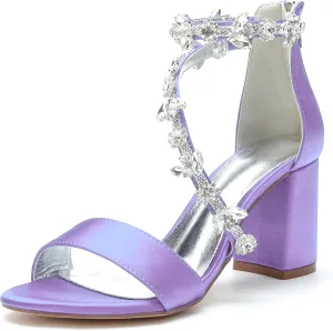 Hyinlays Women's Open Toe Block Heel Sandals Chunky Crystal Wedding Dress Shoes Ankle Strap Prom Party Pump Sandals