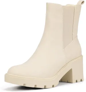 IDIFU IN3 Chelsea Boots Women Slip on Chunky High Heel Ankle Boots Waterproof Formal Casual Cute Dress Booties Comfortable Fashion Dressy Elastic Platform Fall Lug Sole Heeled Boots