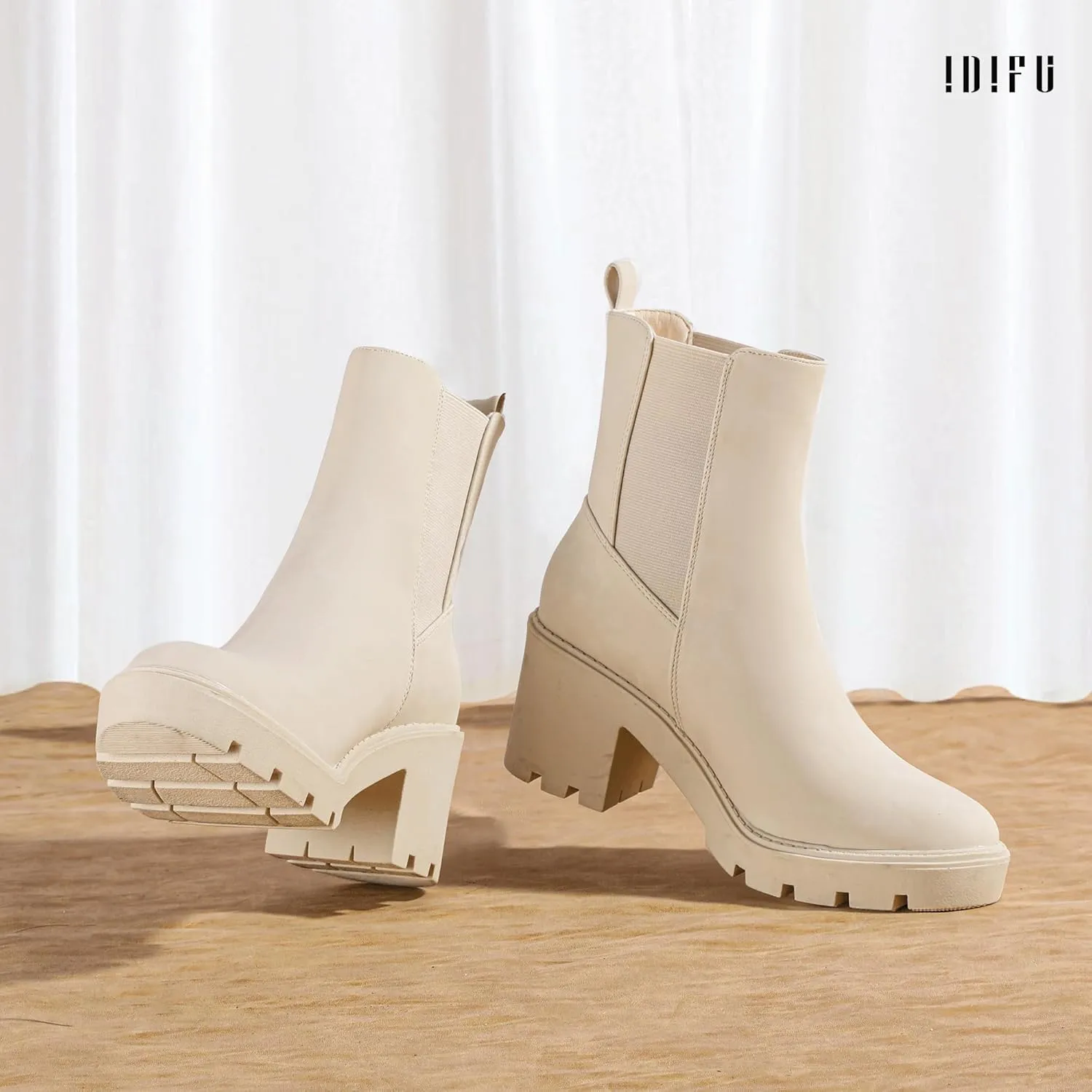 IDIFU IN3 Chelsea Boots Women Slip on Chunky High Heel Ankle Boots Waterproof Formal Casual Cute Dress Booties Comfortable Fashion Dressy Elastic Platform Fall Lug Sole Heeled Boots