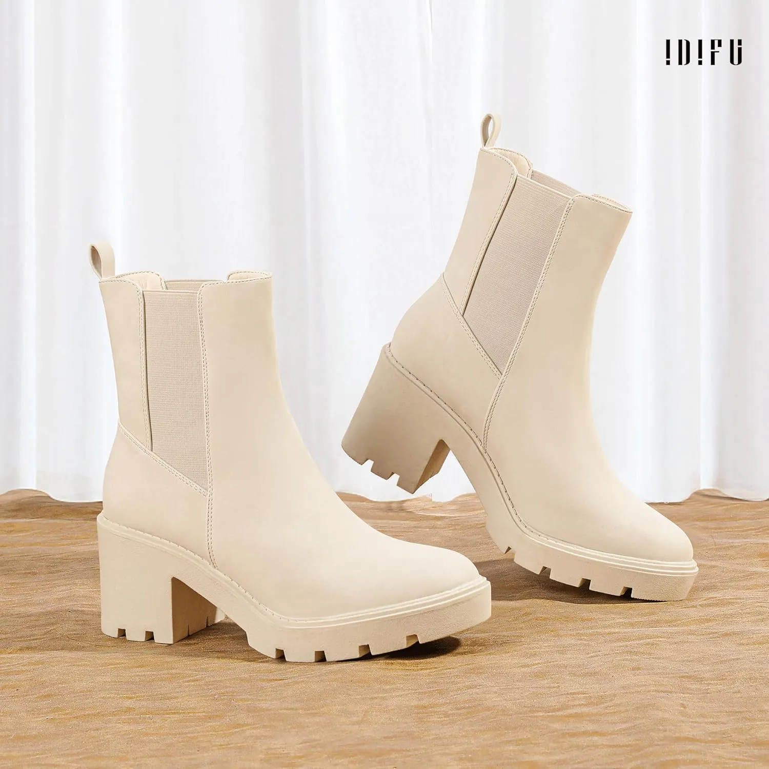 IDIFU IN3 Chelsea Boots Women Slip on Chunky High Heel Ankle Boots Waterproof Formal Casual Cute Dress Booties Comfortable Fashion Dressy Elastic Platform Fall Lug Sole Heeled Boots