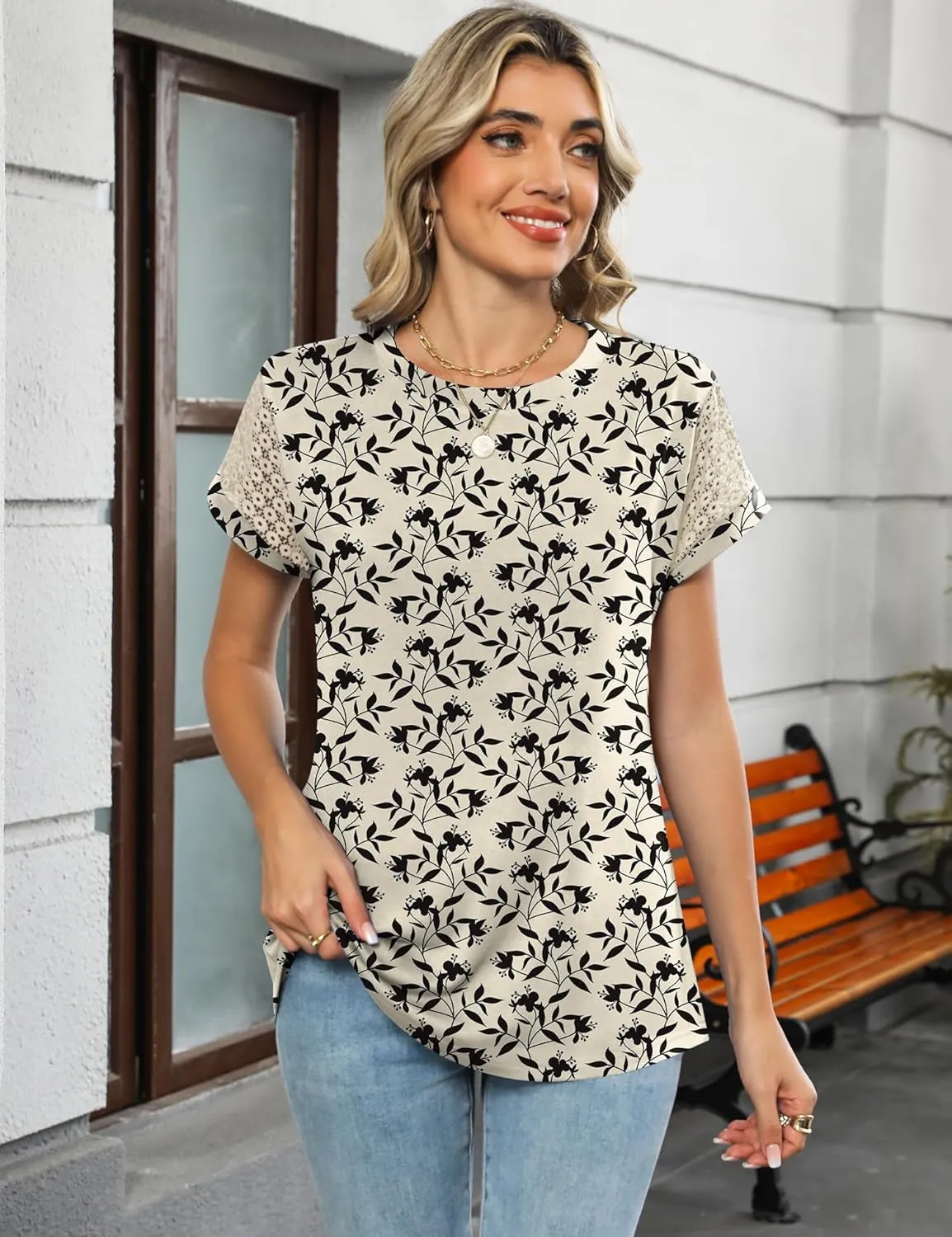 Ivicoer Womens Tops Lace Short Sleeve Blouses Dressy Casual Summer Tshirts Business Outfits