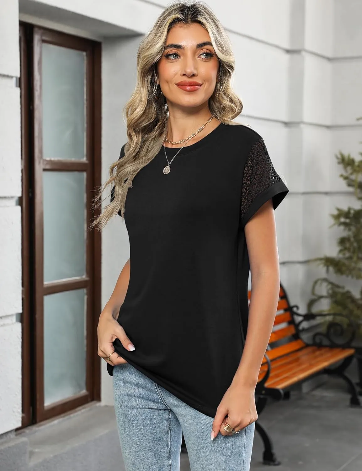 Ivicoer Womens Tops Lace Short Sleeve Blouses Dressy Casual Summer Tshirts Business Outfits