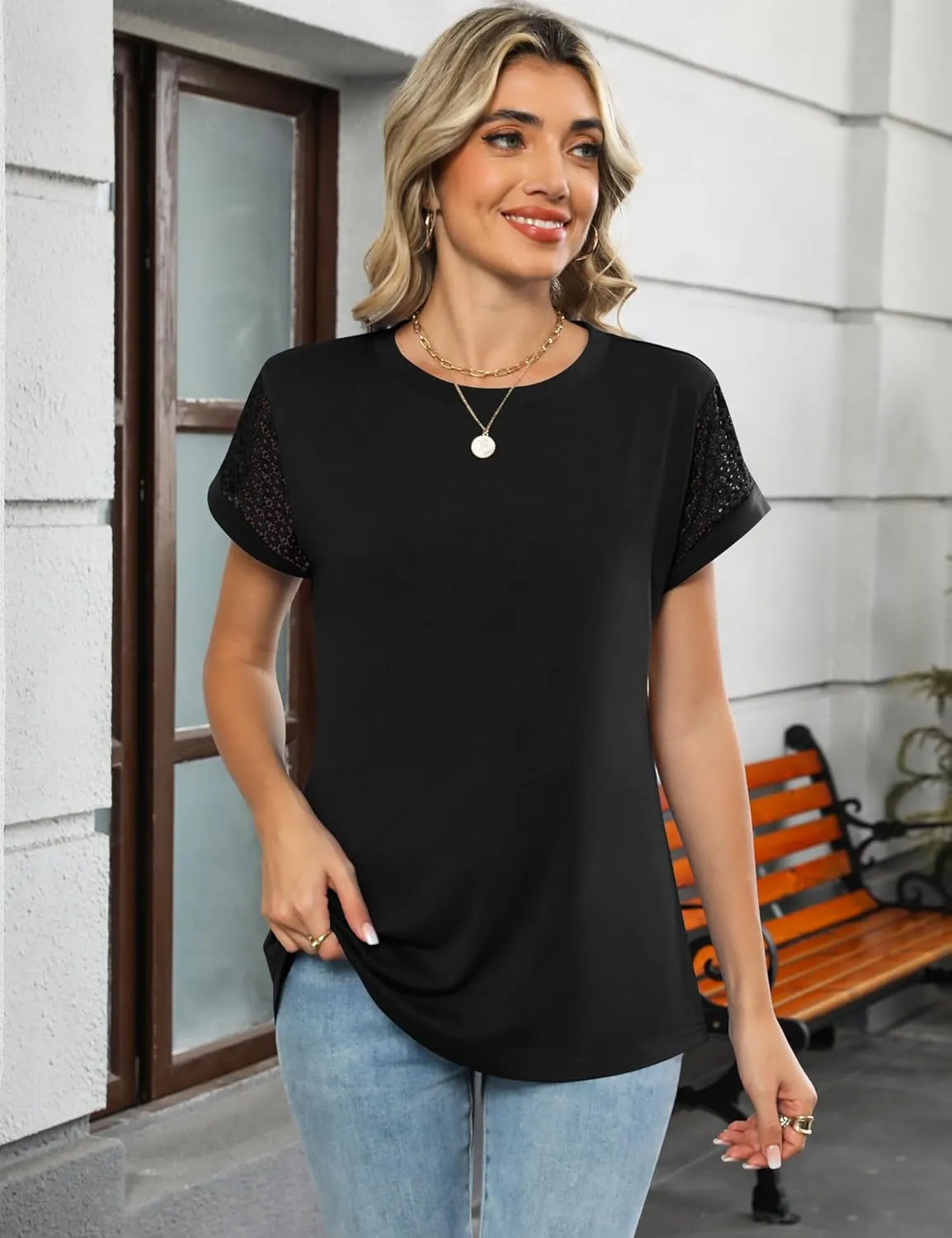 Ivicoer Womens Tops Lace Short Sleeve Blouses Dressy Casual Summer Tshirts Business Outfits