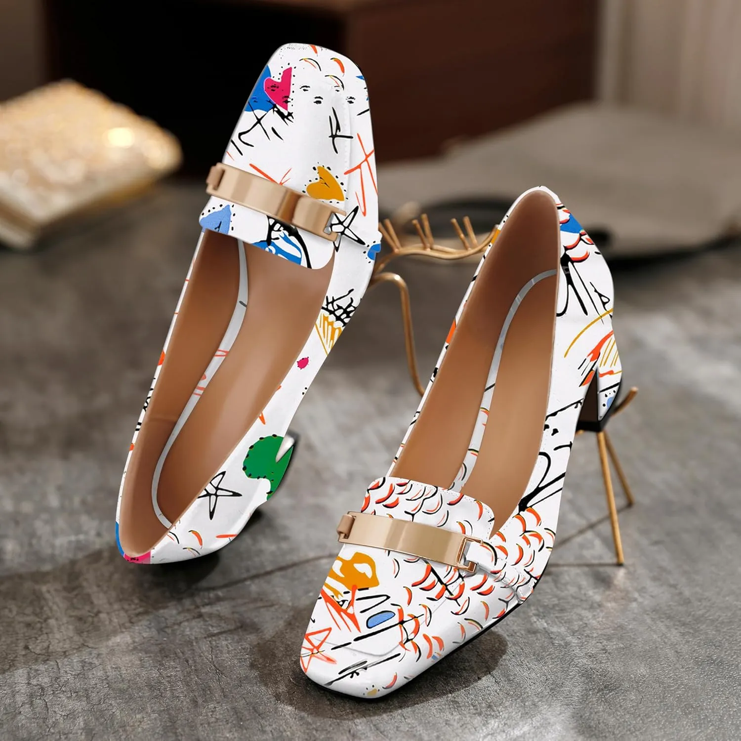 Joseywade Low Heels for Women Block Chunky Heels Slip On 2 Inch Toe Pumps Loafers Square Toe Metal Bar Shoes