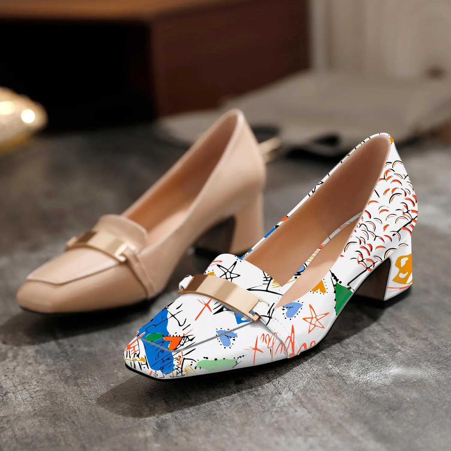 Joseywade Low Heels for Women Block Chunky Heels Slip On 2 Inch Toe Pumps Loafers Square Toe Metal Bar Shoes