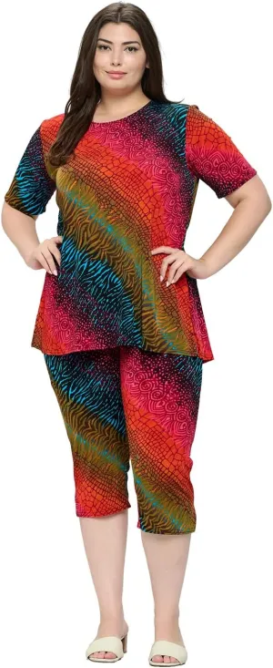 Jostar Women's 2 Piece Set – Plus Size Short Sleeve T Shirts Top and Capri Pants with Side Slit Stretchy Casual Outfit