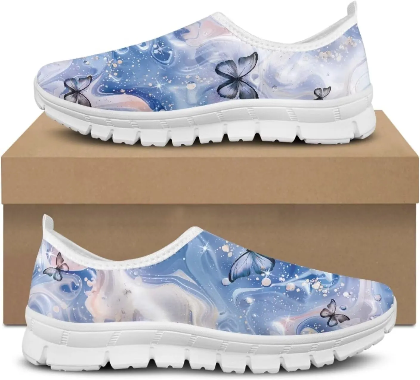 JoyLamoria Butterfly on Marble Canvas Shoes Slip On Fashion Sneakers Low Top Walking Flats Art Travel Shoes for Women