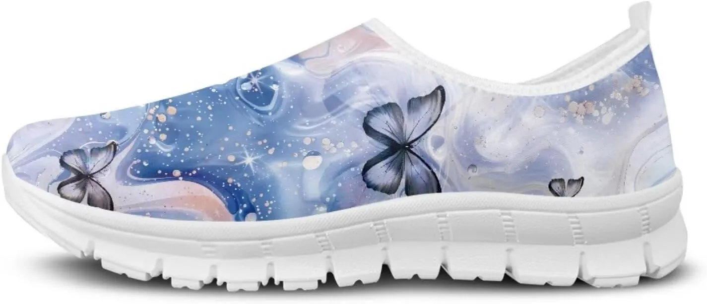 JoyLamoria Butterfly on Marble Canvas Shoes Slip On Fashion Sneakers Low Top Walking Flats Art Travel Shoes for Women