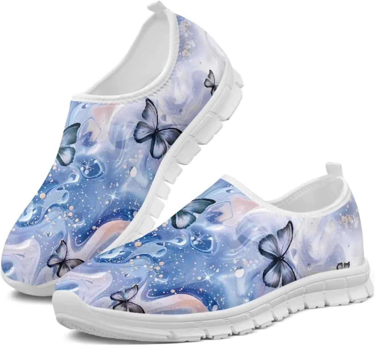 JoyLamoria Butterfly on Marble Canvas Shoes Slip On Fashion Sneakers Low Top Walking Flats Art Travel Shoes for Women