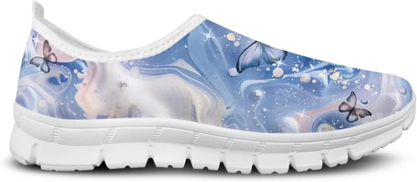 JoyLamoria Butterfly on Marble Canvas Shoes Slip On Fashion Sneakers Low Top Walking Flats Art Travel Shoes for Women