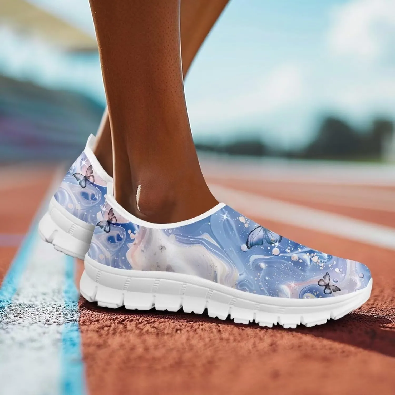 JoyLamoria Butterfly on Marble Canvas Shoes Slip On Fashion Sneakers Low Top Walking Flats Art Travel Shoes for Women