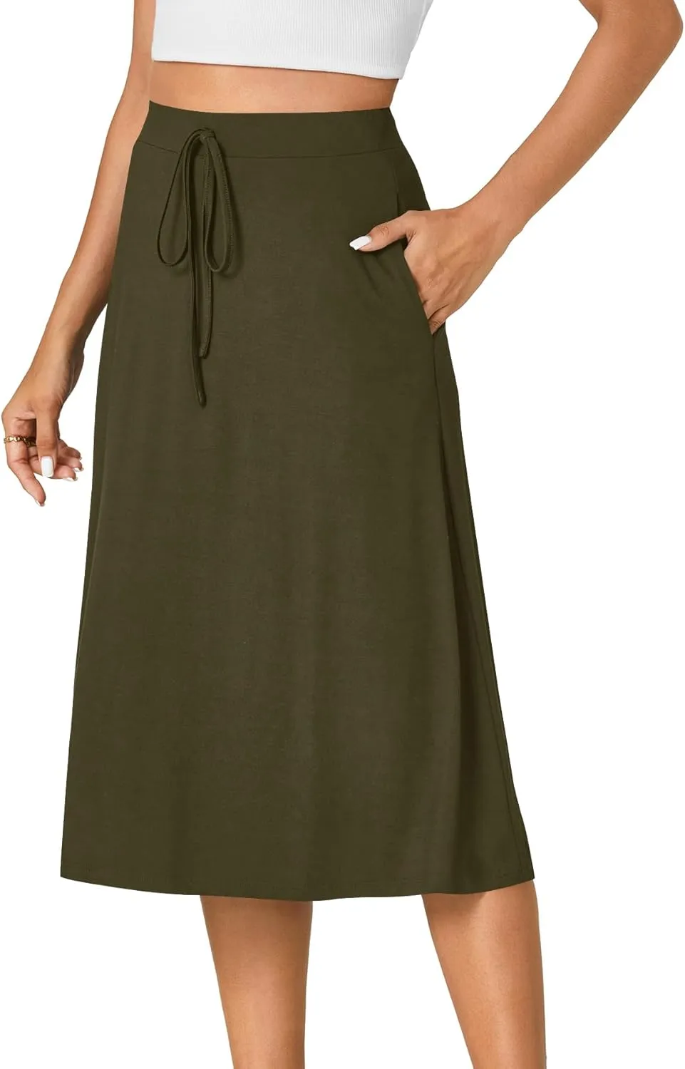KIFOVEN Women’s Casual High Waist A Line Midi Skirt Flared Drawstring Stretchy Skirt