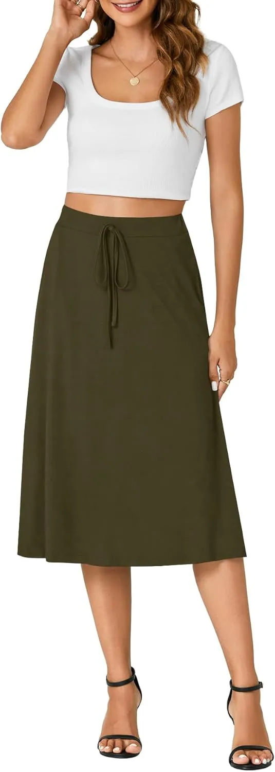 KIFOVEN Women’s Casual High Waist A Line Midi Skirt Flared Drawstring Stretchy Skirt