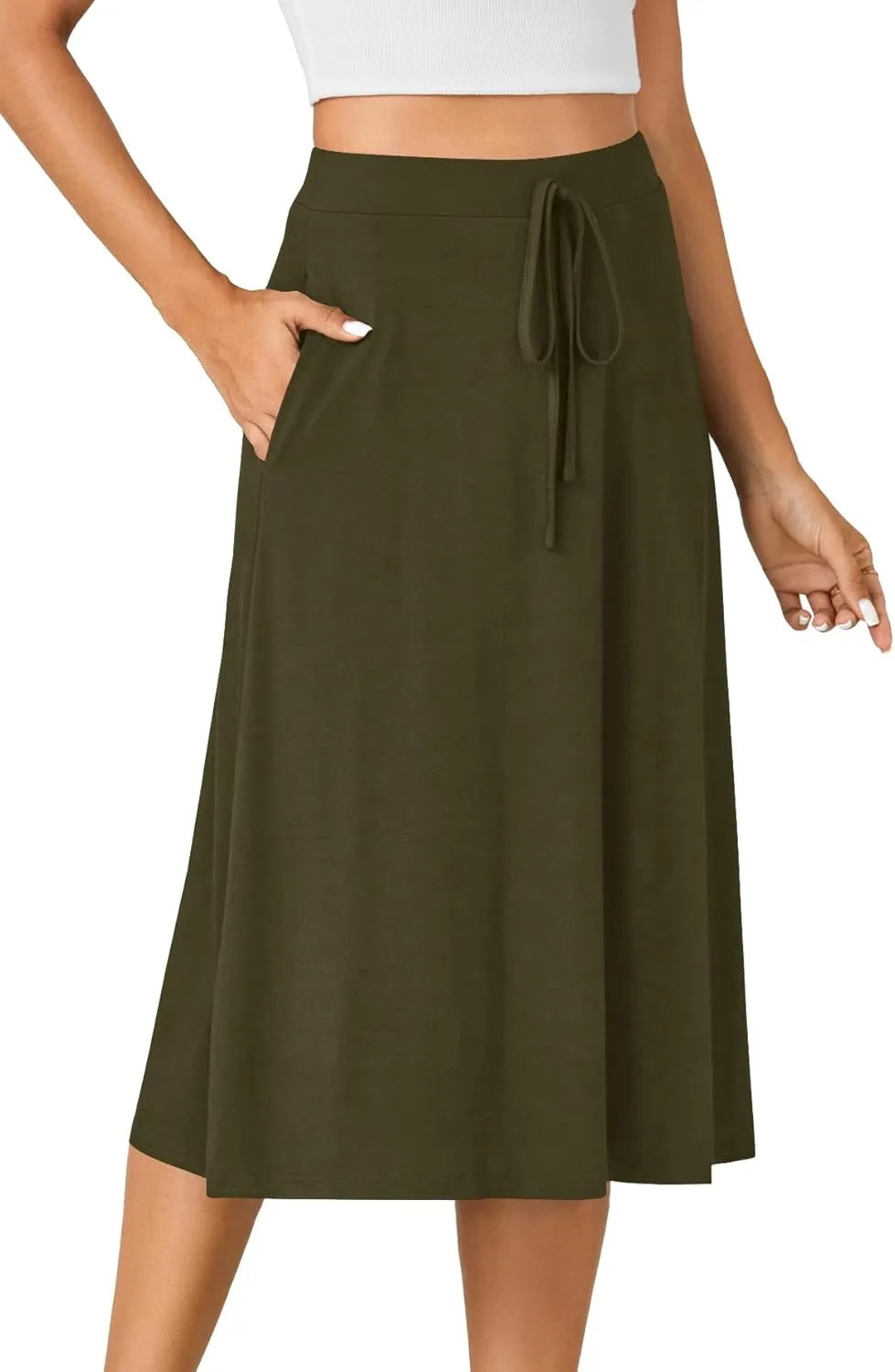 KIFOVEN Women’s Casual High Waist A Line Midi Skirt Flared Drawstring Stretchy Skirt