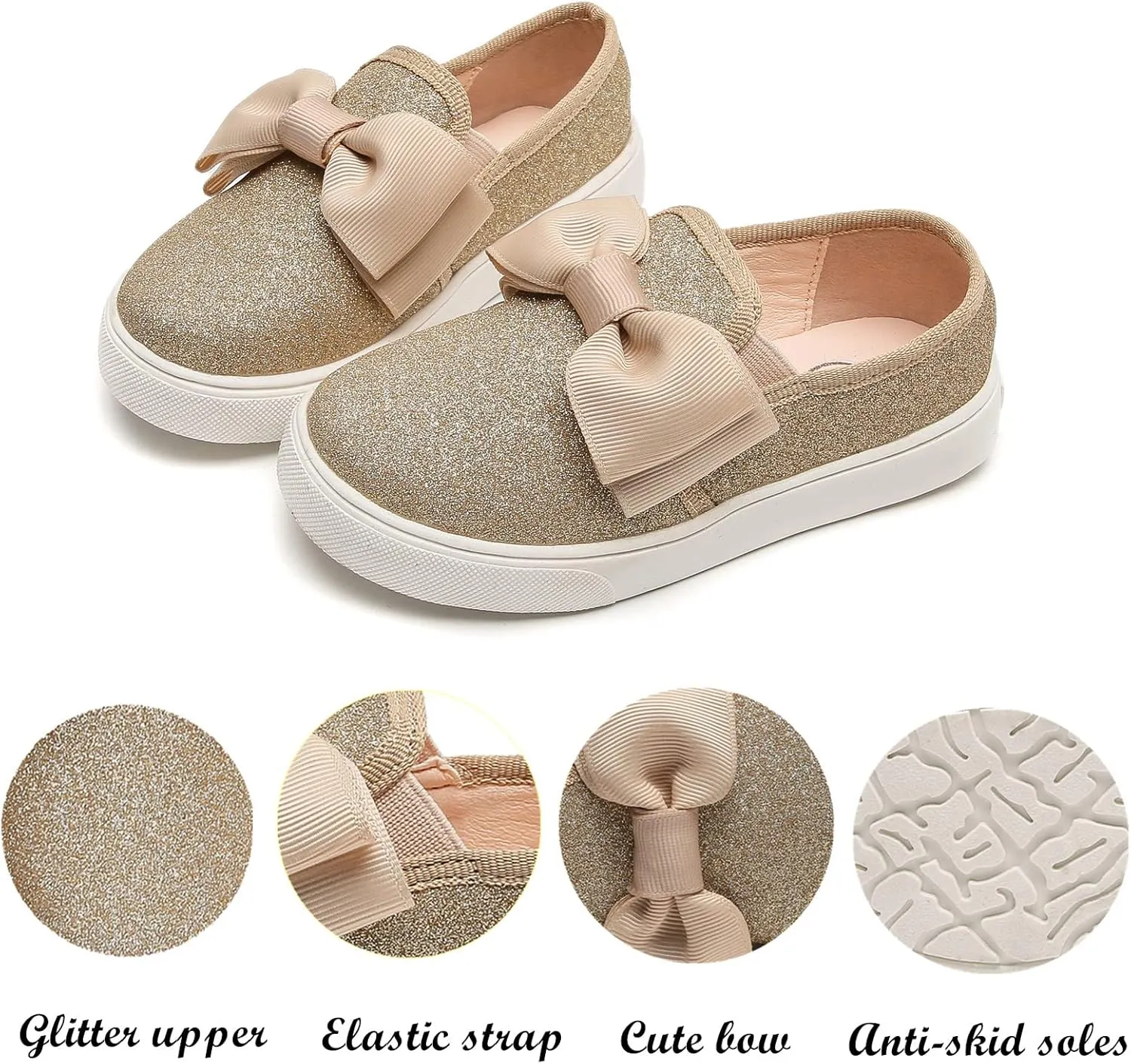 kkdom Girls Slip On Glitter Sneakers Cute Bow Lazy Tennis Shoes Loafers for Little Girls(Toddler/Little Kid/Big Kid)