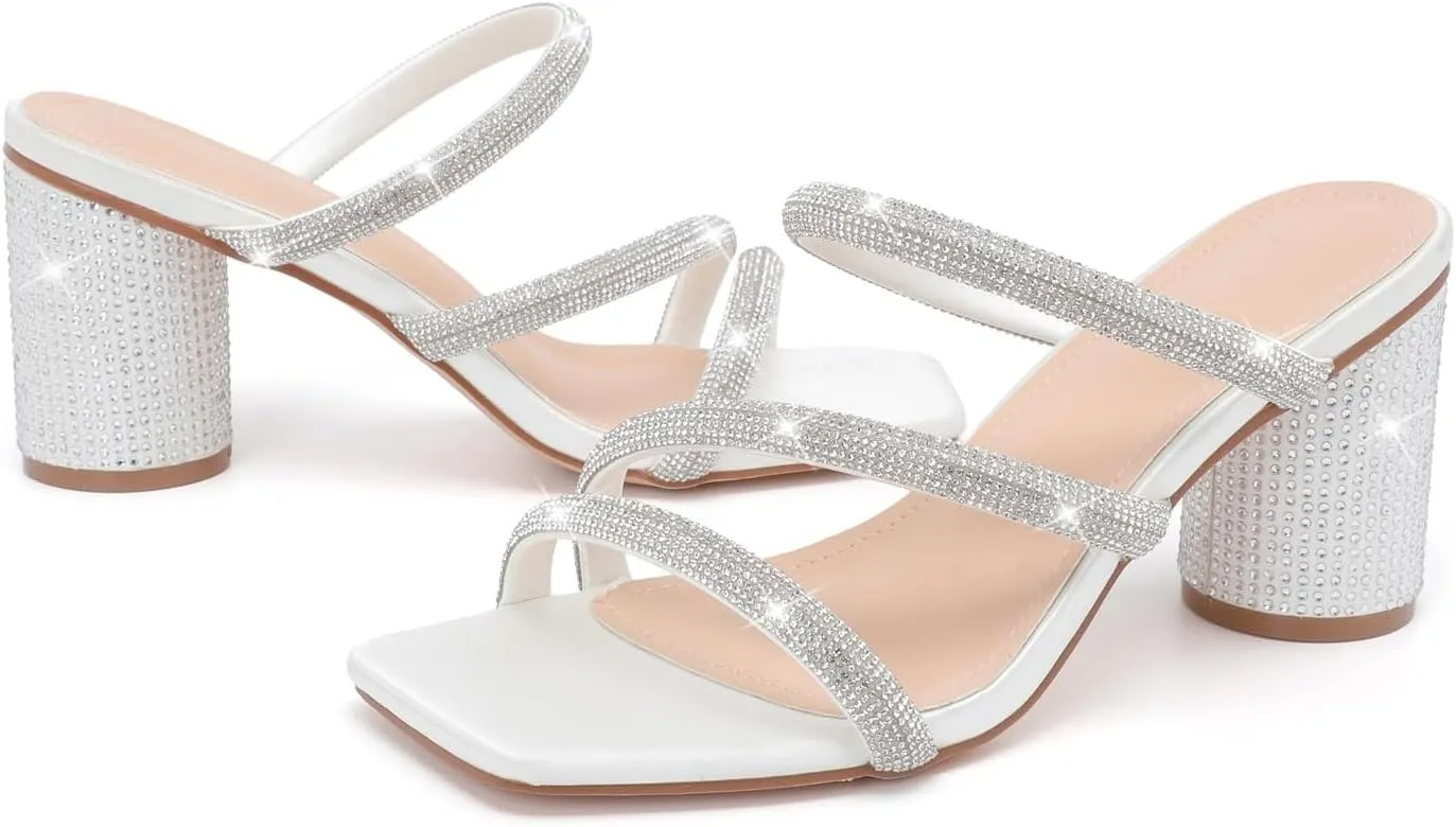 kkdom Women's Square Open Toe Glitter Chunky Heels Sandals Sparkle Bling Rhinestone Short Heels Mule Sandals Slip On Block Heels