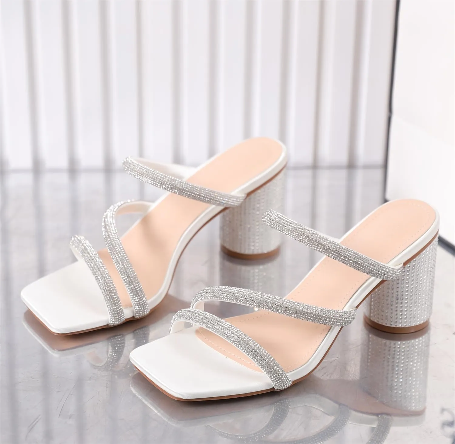 kkdom Women's Square Open Toe Glitter Chunky Heels Sandals Sparkle Bling Rhinestone Short Heels Mule Sandals Slip On Block Heels