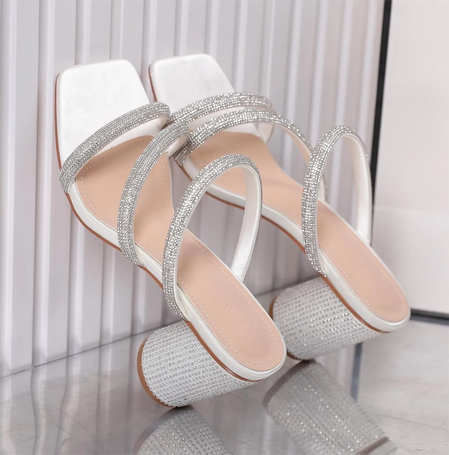 kkdom Women's Square Open Toe Glitter Chunky Heels Sandals Sparkle Bling Rhinestone Short Heels Mule Sandals Slip On Block Heels