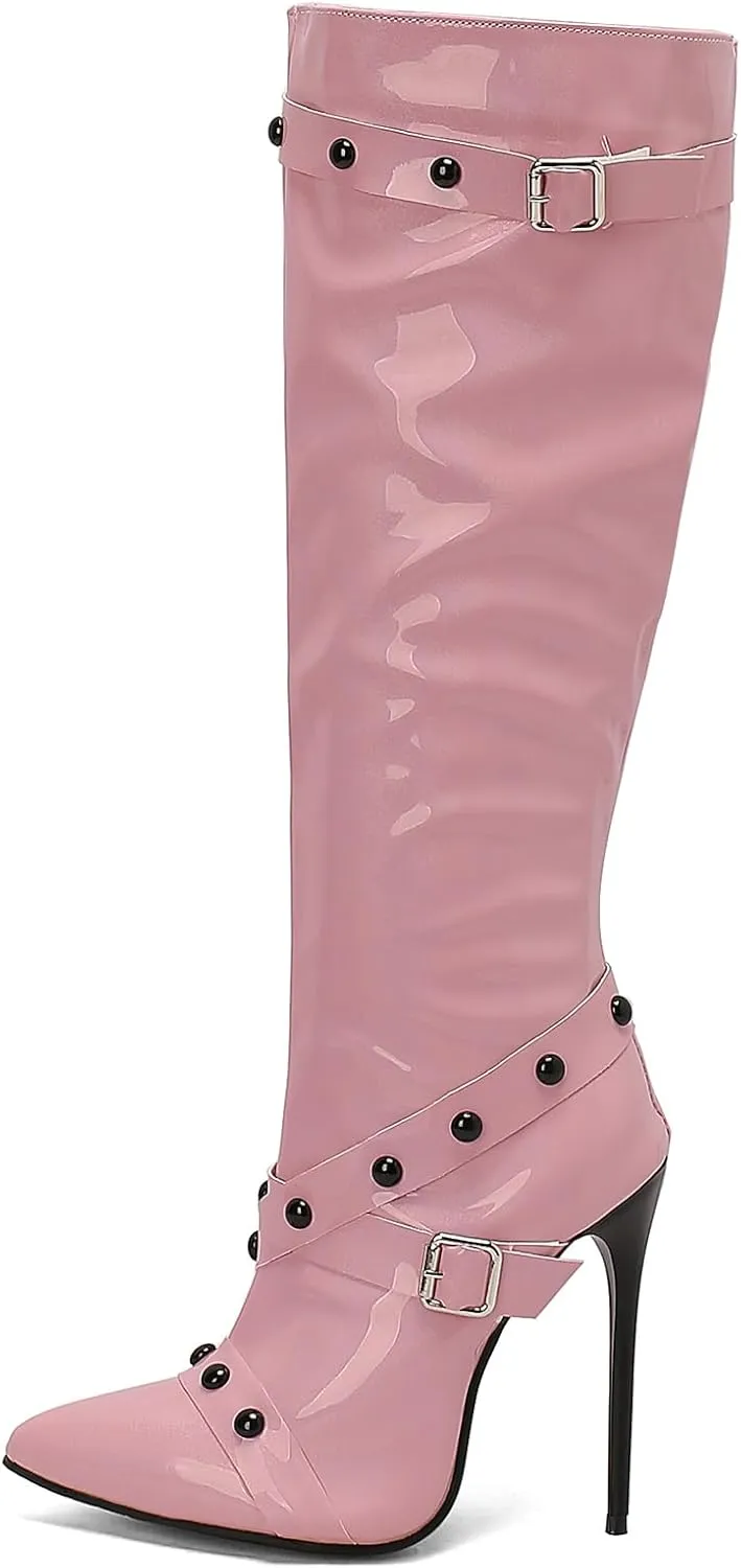 Kluolandi Studded Knee High Boots Women Stiletto High Heels Boots with Side Zipper Sexy Pointed Toe Long Boots