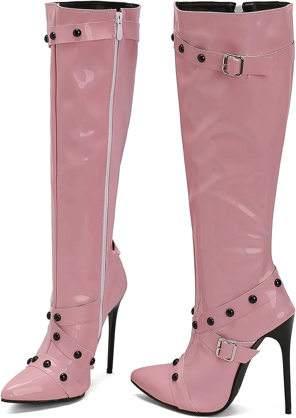 Kluolandi Studded Knee High Boots Women Stiletto High Heels Boots with Side Zipper Sexy Pointed Toe Long Boots