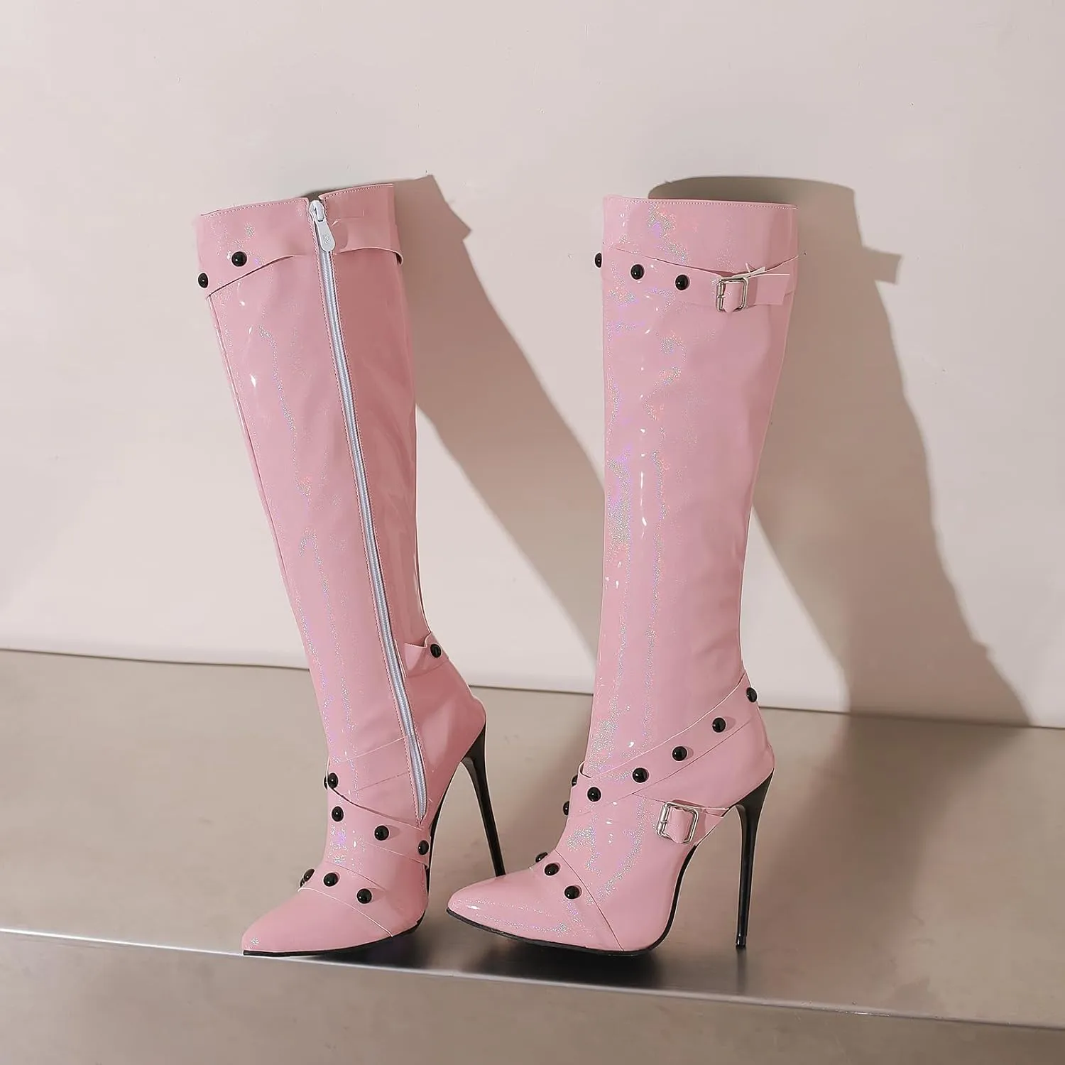 Kluolandi Studded Knee High Boots Women Stiletto High Heels Boots with Side Zipper Sexy Pointed Toe Long Boots