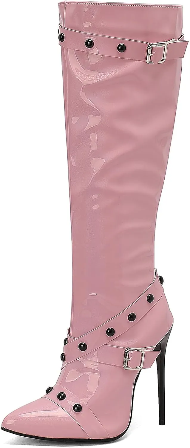 Kluolandi Studded Knee High Boots Women Stiletto High Heels Boots with Side Zipper Sexy Pointed Toe Long Boots