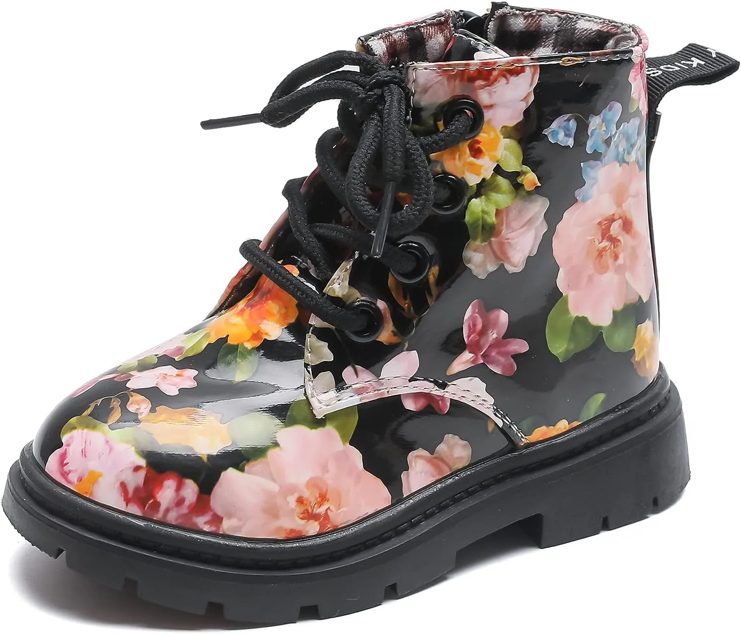 Komfyea Cute Children Boots Floral Print Girl Lace Up Boots （Toddler/Little Kids