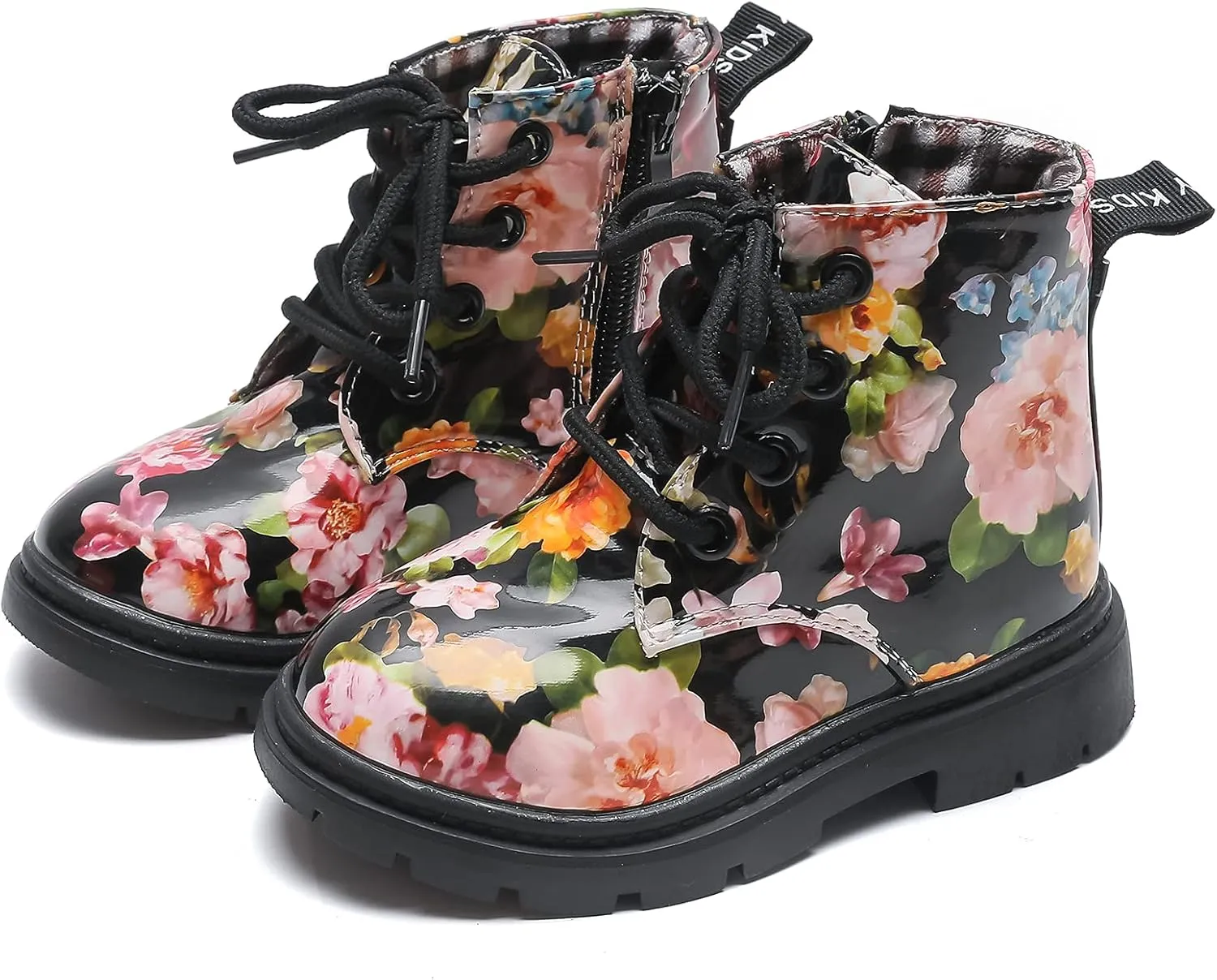Komfyea Cute Children Boots Floral Print Girl Lace Up Boots （Toddler/Little Kids