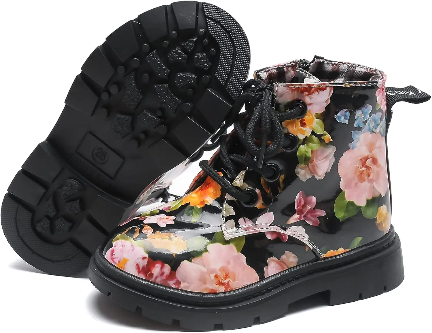 Komfyea Cute Children Boots Floral Print Girl Lace Up Boots （Toddler/Little Kids