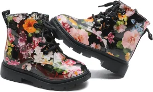 Komfyea Cute Children Boots Floral Print Girl Lace Up Boots （Toddler/Little Kids